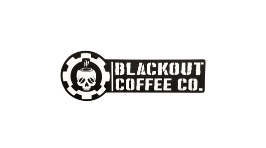 White logo of blackout coffee on black background