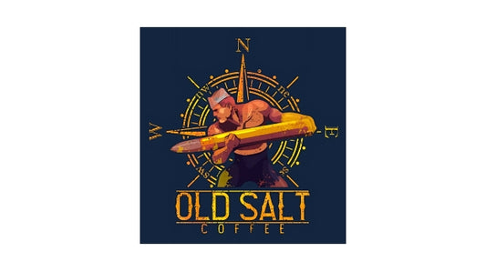 dark blue background with orange and yellow letters and man in front of a compass symbol.