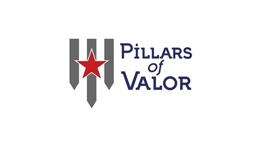 Navy blue lettering next to a three stripe flag imprint featuring a red star in the middle.