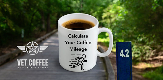 mug of coffee with runner and words "calculate your coffee mileage"