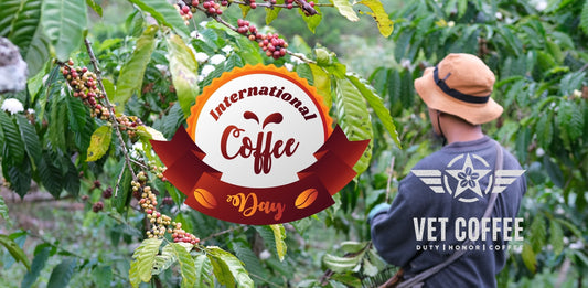 international coffee day ribbon with a vet.coffee farmer