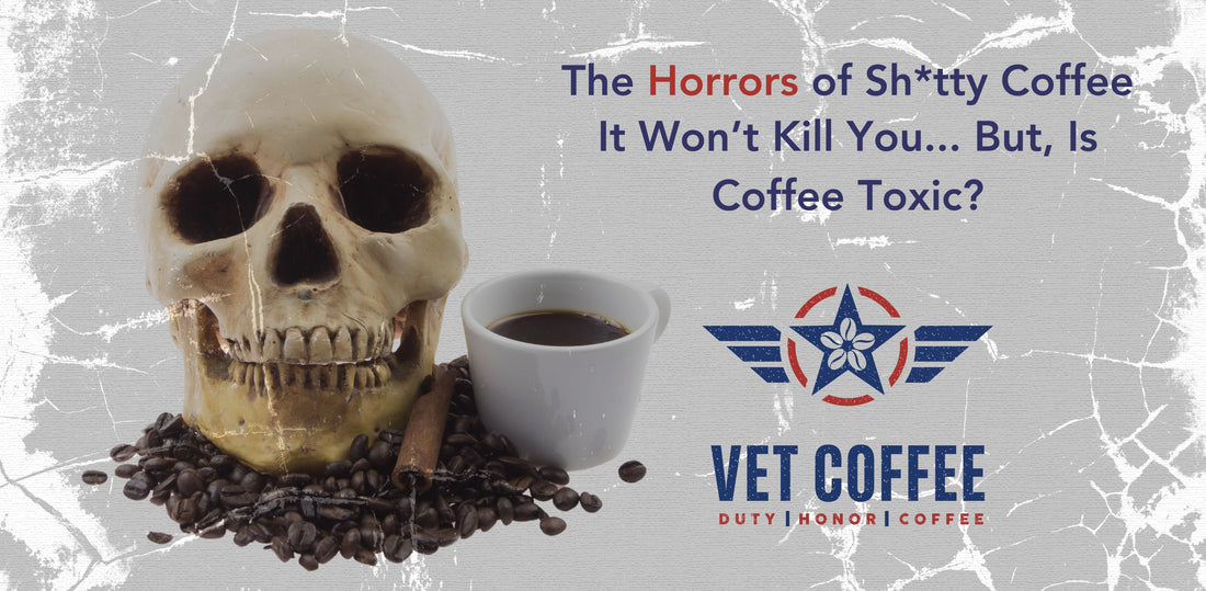 Is coffee toxic? Skull with cup of coffee and coffee beans