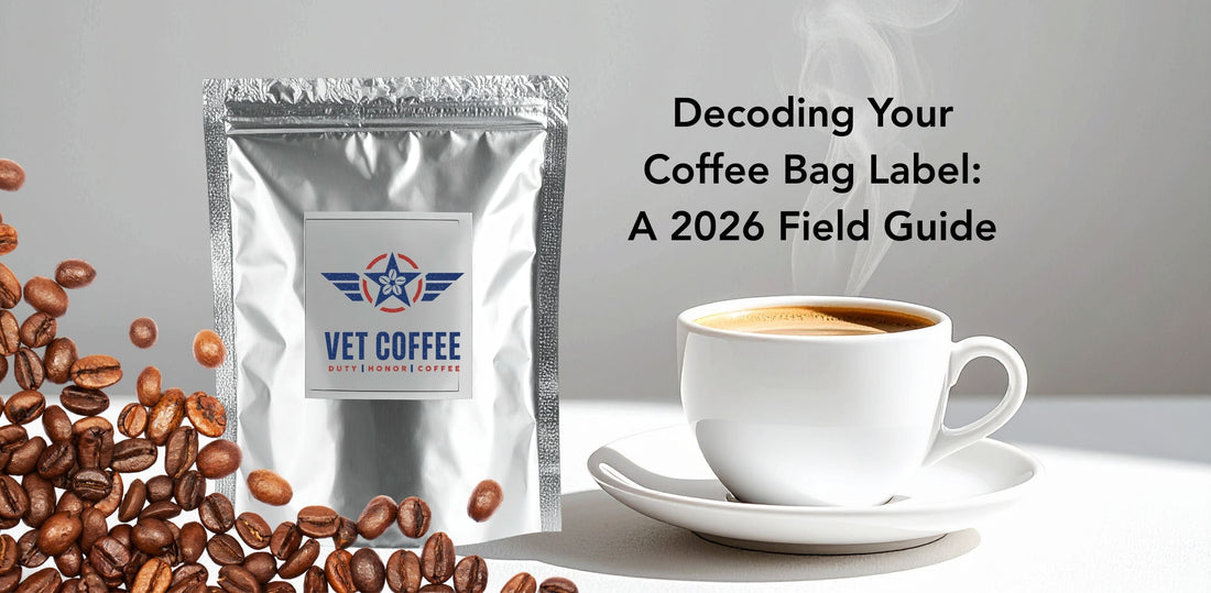 coffee bag label and cup of steaming coffee