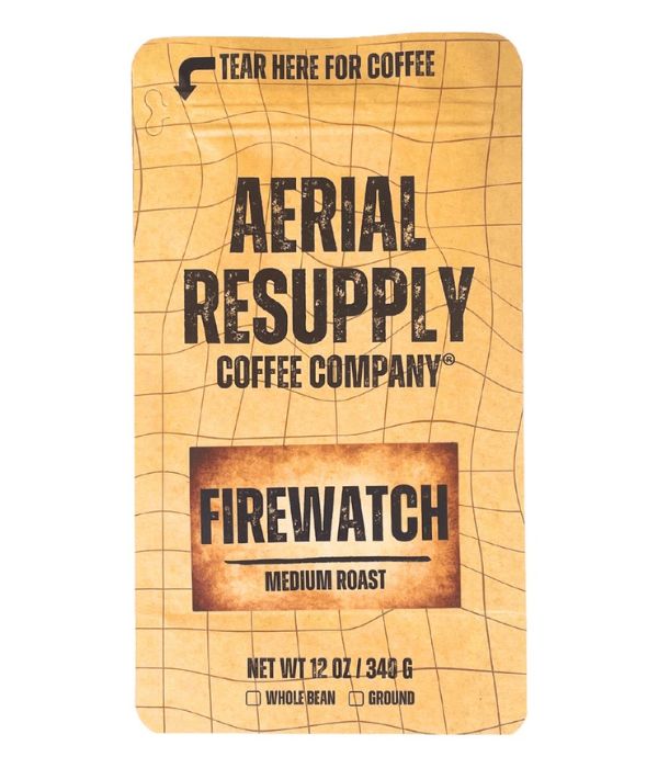 The front of a bag of Aerial Resupply Coffee Company Firewatch Medium Roast coffee beans.