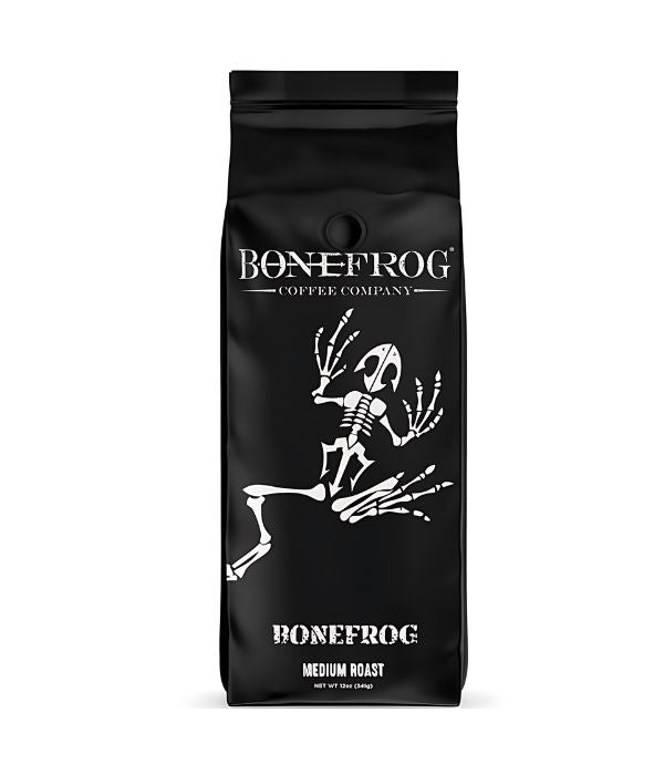 A bag of Bonefrog Coffee Medium Roast beans.