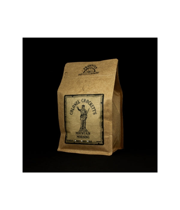 A bag of Frontier Coffee Company's Col Crockett's Medium Roast coffee beans.