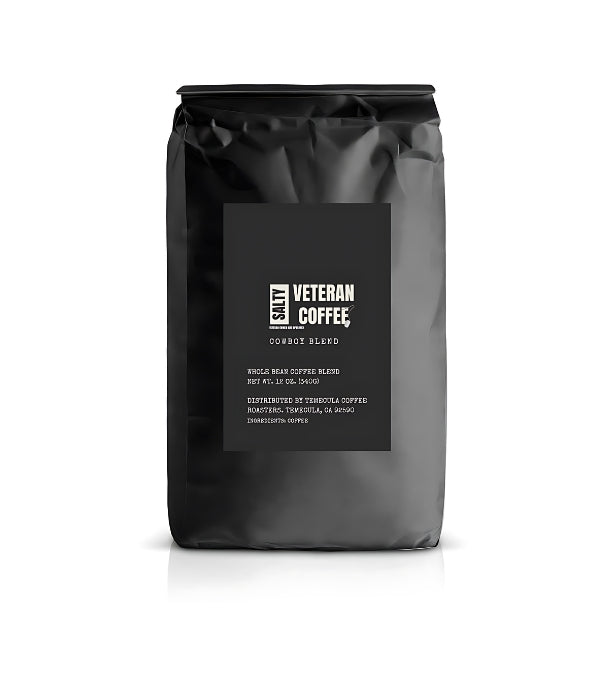 A bag of Salty Veterans Coffee Cowboy Blend coffee beans.