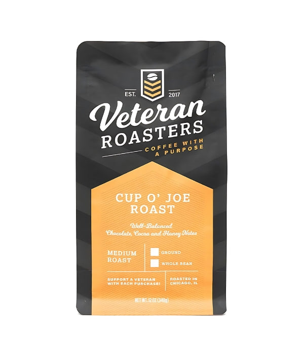 The front of a bag of Veteran Roasters Cup O' Joe Roast Medium Roast coffee beans.