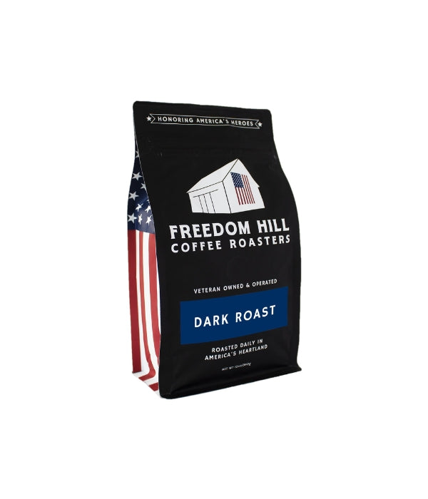 A bag of Freedom Hill Coffee Roasters Dark Roast coffee beans.