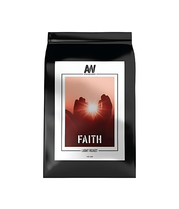 A bag of Appalachian Warrior Faith Light Roast coffee beans.