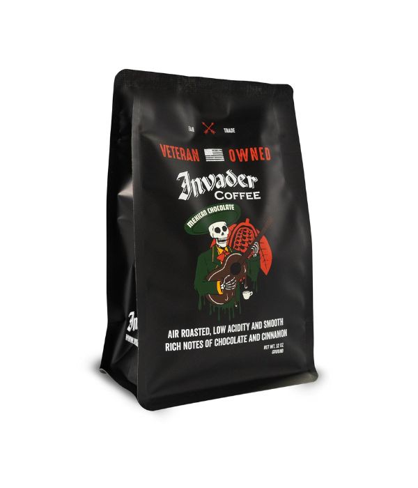 A bag of Invader Coffee Mexican Chocolate coffee beans.