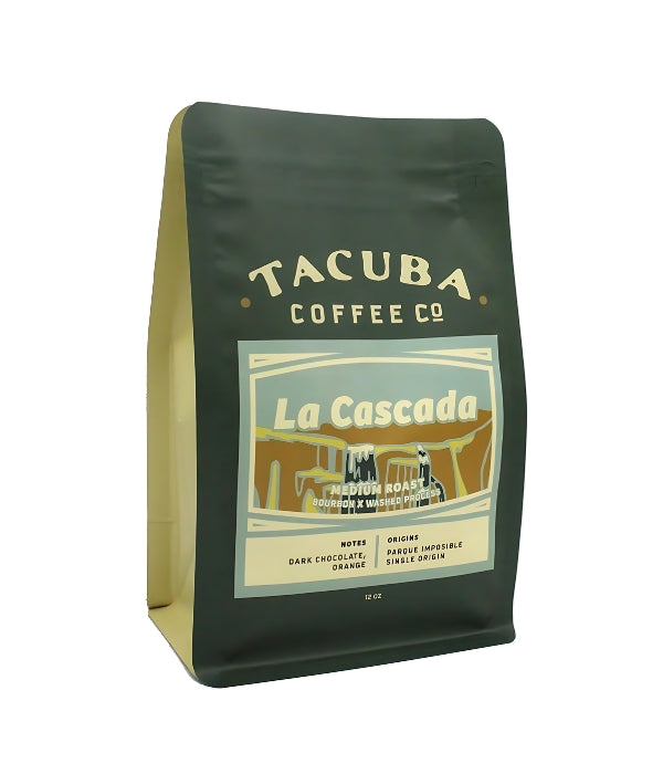 A bag of Tacuba Coffee Company's La Cascada coffee beans.