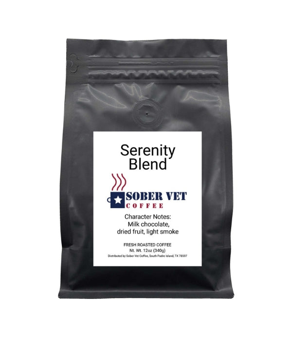 A bag of Sober Vet Coffee Serenity Blend Medium-Dark Roast coffee beans.