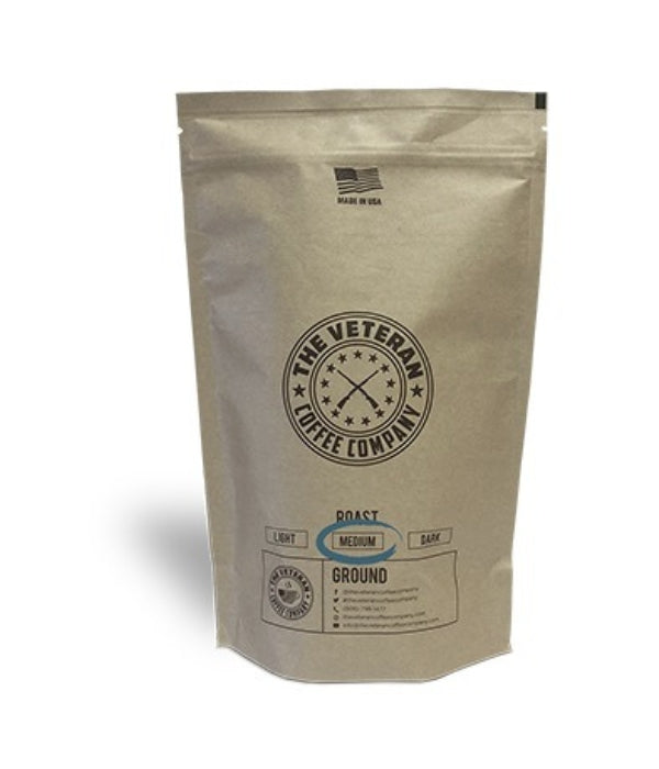 A bag of The Veteran Coffee Company Medium Roast coffee beans.