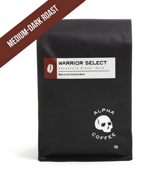 A bag of Alpha Coffees Warrior Select coffee beans.